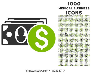 Cash vector bicolor icon with 1000 medical business icons. Set style is flat pictograms, eco green and gray colors, white background.