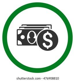 Cash vector bicolor rounded icon. Image style is a flat icon symbol inside a circle, green and gray colors, white background.