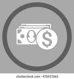 Cash vector bicolor rounded icon. Image style is a flat icon symbol inside a circle, dark gray and white colors, silver background.