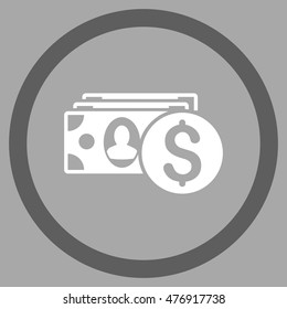 Cash vector bicolor rounded icon. Image style is a flat icon symbol inside a circle, dark gray and white colors, silver background.