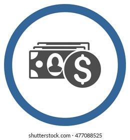 Cash vector bicolor rounded icon. Image style is a flat icon symbol inside a circle, cobalt and gray colors, white background.