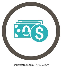 Cash vector bicolor rounded icon. Image style is a flat icon symbol inside a circle, grey and cyan colors, white background.
