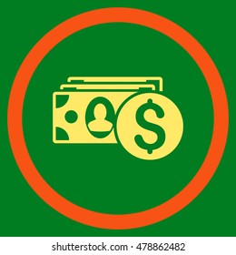 Cash vector bicolor rounded icon. Image style is a flat icon symbol inside a circle, orange and yellow colors, green background.