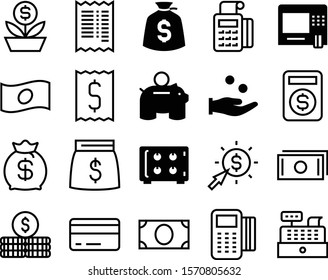 cash vector icon set such as: office, arm, abstract, security, calculator, pile, computer, cursor, pack, thin line, mobile, search, sprout, counter, cashbox, register, moneybag, form, moneybox, lock
