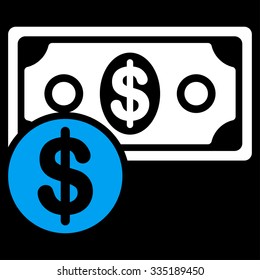 Cash vector icon. Style is bicolor flat symbol, blue and white colors, rounded angles, black background.