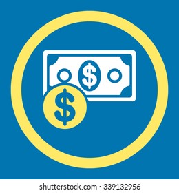 Cash vector icon. Style is bicolor flat rounded symbol, yellow and white colors, rounded angles, blue background.