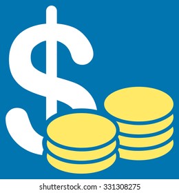Cash vector icon. Style is flat bicolor yellow and white symbol, rounded angles, blue background.