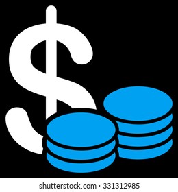Cash vector icon. Style is flat bicolor blue and white symbol, rounded angles, black background.