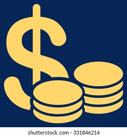 Cash vector icon. Style is flat yellow symbol, rounded angles, blue background.