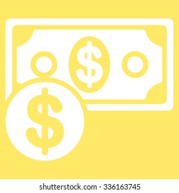 Cash vector icon. Style is flat symbol, white color, rounded angles, yellow background.