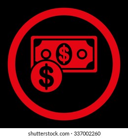 Cash vector icon. Style is flat rounded symbol, red color, rounded angles, black background.