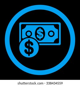 Cash vector icon. Style is flat rounded symbol, blue color, rounded angles, black background.