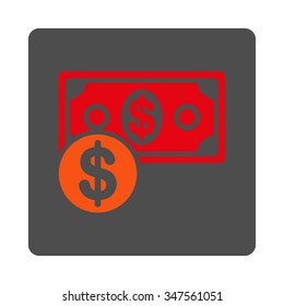 Cash vector icon. Style is flat rounded square silver button with red symbol, white background.