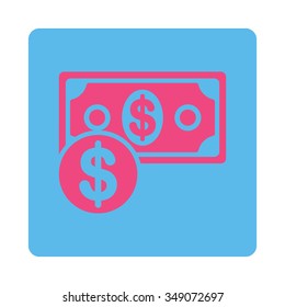 Cash vector icon. Style is flat rounded square button, pink and blue colors, white background.