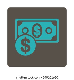 Cash vector icon. Style is flat rounded square button, cyan and grey colors, white background.