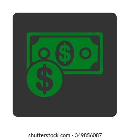 Cash vector icon. Style is flat rounded square button, green and gray colors, white background.