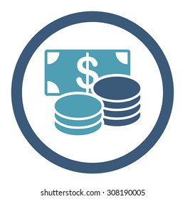Cash vector icon. This flat rounded symbol uses cyan and blue colors and isolated on a white background.