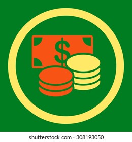 Cash vector icon. This flat rounded symbol uses orange and yellow colors and isolated on a green background.