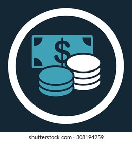 Cash vector icon. This flat rounded symbol uses blue and white colors and isolated on a dark blue background.