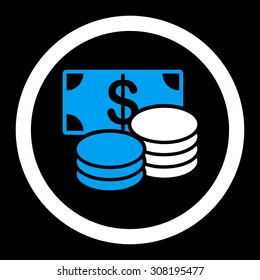 Cash vector icon. This flat rounded symbol uses blue and white colors and isolated on a black background.