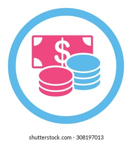 Cash vector icon. This flat rounded symbol uses pink and blue colors and isolated on a white background.