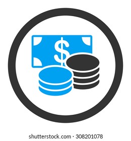 Cash vector icon. This flat rounded symbol uses blue and gray colors and isolated on a white background.