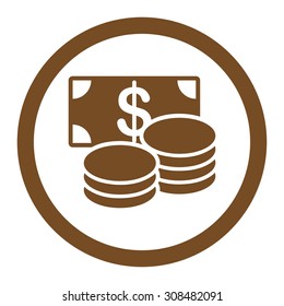 Cash vector icon. This flat rounded symbol uses brown color and isolated on a white background.