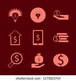 cash vector icons set. with looking money, money ideas, money bag hand and dollar coins in set