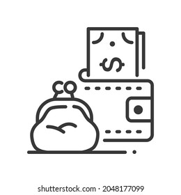 Cash - vector line design single isolated icon on white background. High quality black pictogram. Wallet full of banknotes. Dollars, coins, money, savings. Saving wealth concept. Business and finance