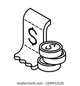 Cash voucher payment and gold coins isometric outline icon