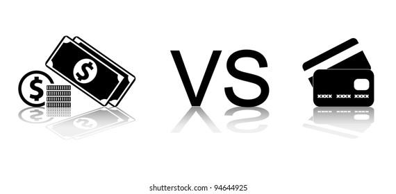 Cash vs card. Black and white vector illustration.