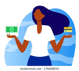 Cash vs credit card. Woman choosing between money and plastic card flat vector illustration. Payment, finance, budget concept for banner, website design or landing web page