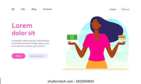 Cash vs credit card. Woman choosing between money and plastic card flat vector illustration. Payment, finance, budget concept for banner, website design or landing web page