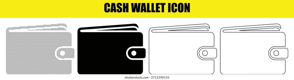 Ícone de vetor de wallet de caixa definido. Símbolo de carteira fechada em preto, branco e estilos de estrutura de tópicos com uma versão de meio-tom. Útil para gráficos relacionados a finanças, compras e pagamento em um fundo claro.