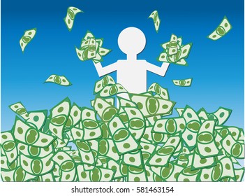 Cash Windfall - Man waist deep in a pile of cash celebrates his good fortune