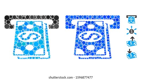 Cash withdraw composition of filled circles in different sizes and color tones, based on cash withdraw icon. Vector filled circles are united into blue composition.