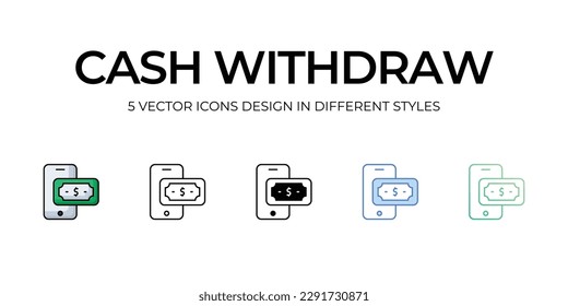 Diseño de iconos de retirada de efectivo en estilo Cinco con pulsación editable. Línea, Sólido, Línea plana, Color de tono Duo y Línea de degradado de color. Adecuado para diseño de páginas Web, aplicaciones móviles, UI, UX y GUI.