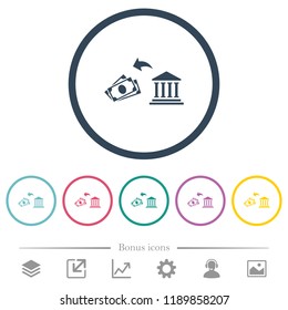Cash withdrawal from bank flat color icons in round outlines. 6 bonus icons included.