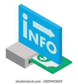 Icono de retirada de efectivo vector isométrico. Billete en dólares y puntero con flecha de información. Dinero de cobertura
