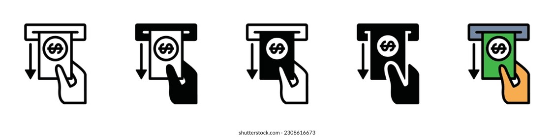 Icono de retirada de efectivo. Retira dinero al símbolo de ranura ATM en línea, plano y color en fondo blanco con trazo editable para aplicaciones y sitios web. Ilustración del vector