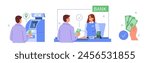 Cash withdrawal set. Customer in bank office near cash department window give money deposit to bank teller and get banknotes from ATM. Payments concept. Vector illustration 