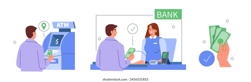 Cash withdrawal set. Customer in bank office near cash department window give money deposit to bank teller and get banknotes from ATM. Payments concept. Vector illustration 