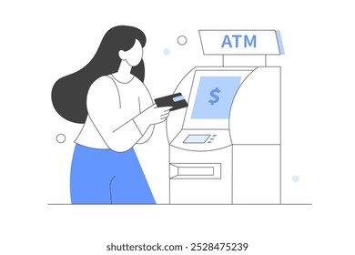 Levantamento de numerário. Os clientes recebem as notas da ATM. Conceito de pagamentos. Ilustração vetorial. Linha minimalista, abstrata