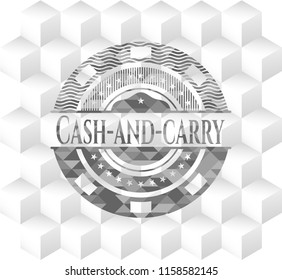 Cash-and-carry grey emblem. Vintage with geometric cube white background