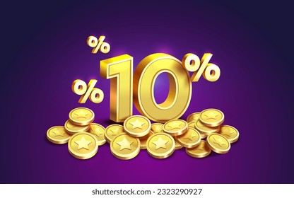 Cashback 10 Percentage golden coins, financial save off. Vector illustration