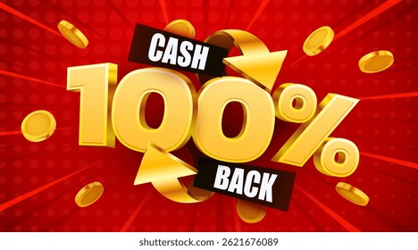 Cashback 100 por cento. Etiqueta de reembolso ou reembolso. Ilustração vetorial
