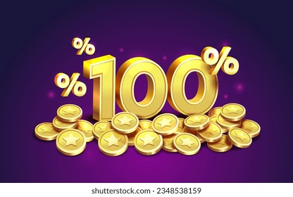 Cashback 100 Percentage golden coins, financial save off. Vector illustration