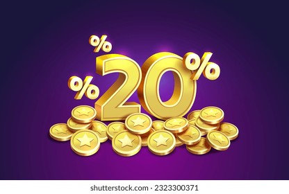 Cashback 20 Percentage golden coins, financial save off. Vector illustration