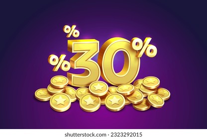 Cashback 30 Percentage golden coins, financial save off. Vector illustration