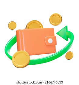 Cashback 3d icon. Brown coin purse and green arrow around . Isolated object on a transparent background